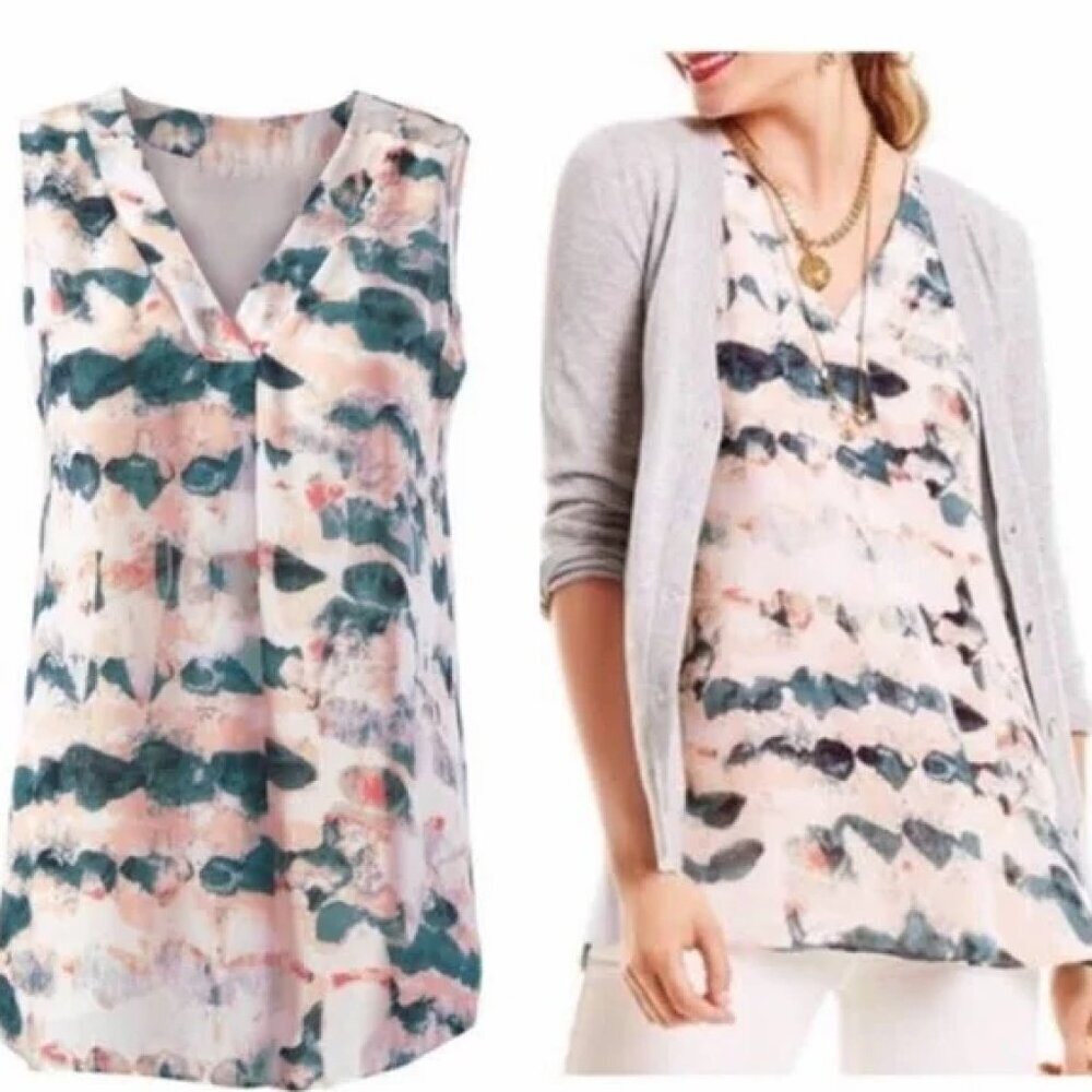 CABI Gelato Pink Green Watercolor Pleated V-Neck Sleeveless Blouse Size Small